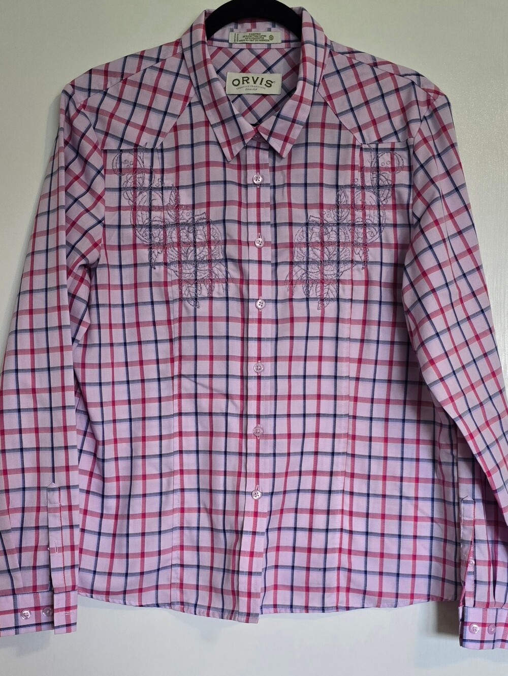 Orvis Womens Size 16 Plaid Button Front Shirt Pink Blue Embroidered Floral